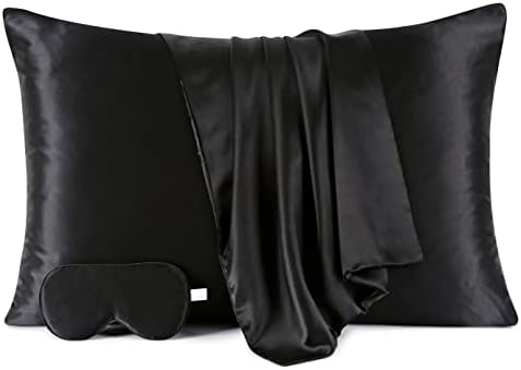 Vespersilk 100% Mulberry Silk Pillowcase & Eye Mask Set for Hair and Skin Health, 19 Momme Grade 6A Organic Silk Both Sides, with Hidden Zipper (Standard 50x75cm, Blackish Green)
