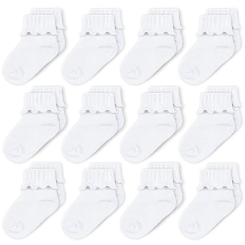 Image of CozyWay Baby Ruffle Socks Baby Girl Turn Cuff Ankle Comfy Cotton Socks Infant - 12 Pack