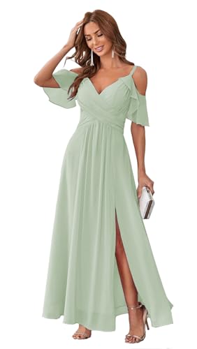 Stylefun Women's Sage Green V-Neck Long Bridesmaids Dress with Slit 2025 Cold Shoulder Chiffon Formal Party Dress Bridesmaids Dresses for Juniors 6