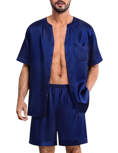 SWOMOG Men Satin Silk Pajama Set Short Sleeve Sleepwear Classic Button Down PJ Set 2 Pieces Loungewear with Pocket S-XXL2