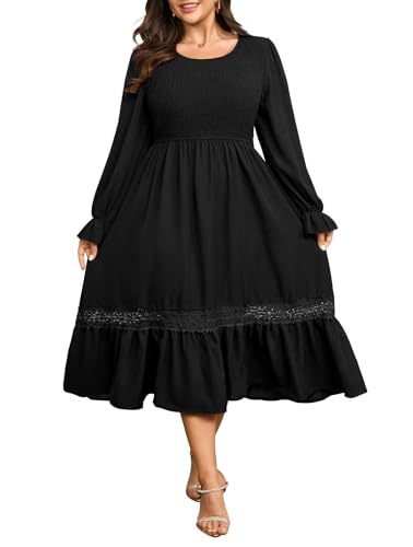 Plus Size Maxi Dress for Women Wedding Guest Fall Smocked Long Sleeve Round Neck Empire Waist Flowy Ruffle Dress 1XL~4XL Black