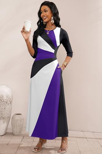 Image of Runwind Maxi Dress for Women with Ruched Waist - Semi-Formal 3 /4 Sleeve Crew Neck Long Dresses for Wedding Guest & Church