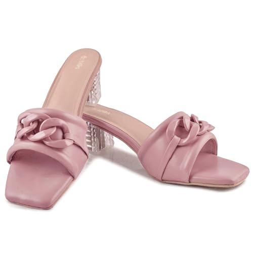 Image of Women's Slip On-On Heeled Sandals with Transparent Block Heels & Decorative Chain Strap Signora103| Fashionable Summer Slides Trendy Chain Strap Signora103
