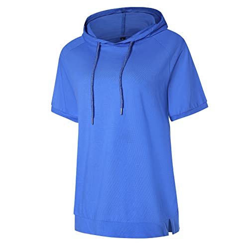 Deweey Womens Short Sleeve Hoodie Casual Sweatshirt Outdoor Top O Neck Solid T Shirt Blouse (Small, Blue) #TOP1