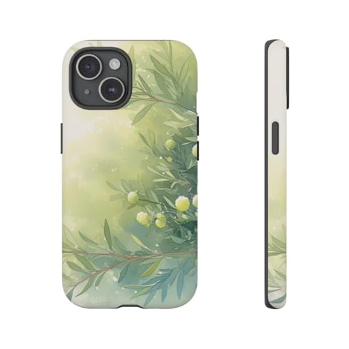 Coque aquarelle botanique verte iPhone 15 mate pour un style naturel au quotidien
