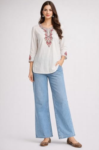 Image of HAUTEMODA Women Cotton Floral Embroidered Short Kurti, Tunic, Three-Fourth Sleeves, White