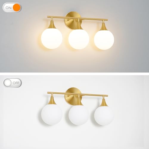 Image of Daunton Modern Brushed Gold Bathroom Vanity Light - Energy Efficient G9 Base Bathroom Lighting Fixtures Over Mirror, Milk Glass Shade Anti-Glare 19 Inch Soft Illumination for Makeup & Shaving
