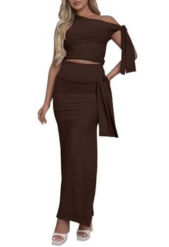 Two Piece Skirt Set for Women - Sexy 2 Pc Outfits Sleeveless One Shoulder Crop Top Maxi Long Bodycon Skirts Sets