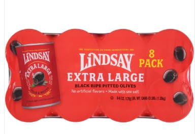 LINDSAY Extra Large Black Ripe Pitted Olives With Sea Salt No Artificial Flavors Kosher Pitted NON GMO 6 oz Cans (8 Pack)