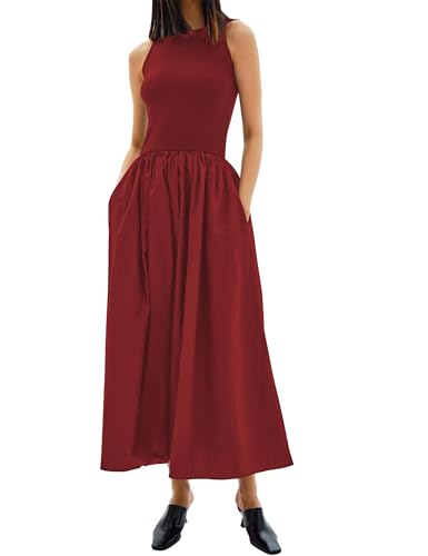 Image of MISSACTIVER Crewneck Sleeveless Maxi Dress for Women Summer Flowy Patchwork Tank Top Long Dresses with Pockets Red, X-Large