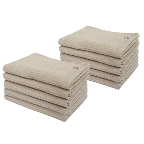 今治タオル フェイスタオル 10枚セット まとめ買い 薄手 速乾 綿100% 汗拭き 手拭き キッチン あぜ織 ストライプ柄 おしゃれ 可愛い ギフト 粗品 (ベージュ, フェイスタオル 10枚)