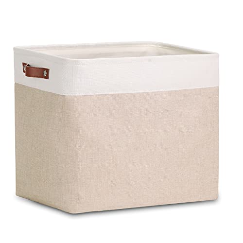 Image of DULLEMELO Large Collapsible Storage Basket /Bin with Sturdy Leather Handles, Fabric Organizer Bin for Storage Clothes, Toys, Books, Office, Bedroom, Closet, Nursery & Laundry (White&Khaki)