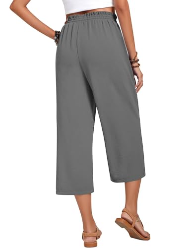 Womens Capri Pants Wide Leg High Waisted Lounge Pants Drawstring Casual Loose Palazzo Pants Trousers with Pockets3