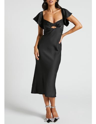 Image of Summer Satin Flutter Sleeve Wedding Guest Dresses for Women Sweetheart Neckline Cutout Tie Back Midi Cocktail Dress