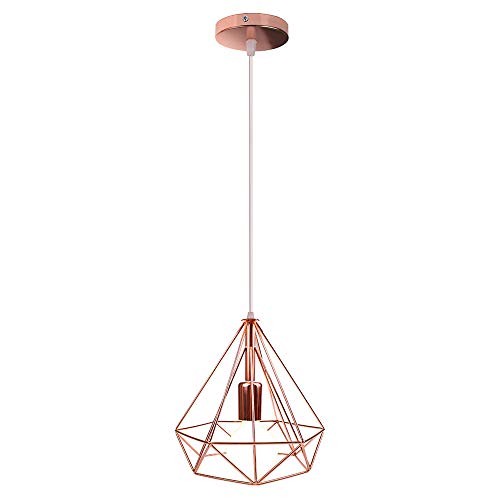 STOEX - Lámpara colgante con forma de diamante, diseño vintage de jaula de metal, diámetro de 25 cm, oro rosa