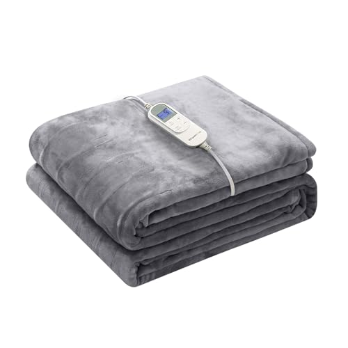 Image of Wapaneus Heated Blanket Electric Throw 72 inch x 84 inch Full Size with 10 Heating Levels 12 Hours Time Setings and Auto-Shut Off, Flannel Fast-Heating Electric Blanket,Machine Washable,Light Grey