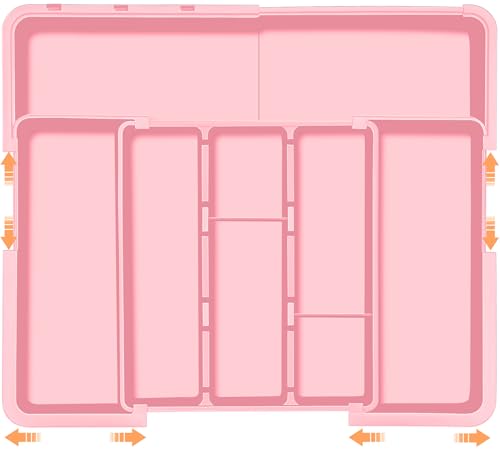 Large Utensil Drawer Organizer Expandable Silverware Organizer for Kitchen Drawer Adjustable Cooking Utensil Holder Cutlery Flatware Tray Spatula Tools Gadgets Storage Dividers Plastic Pink