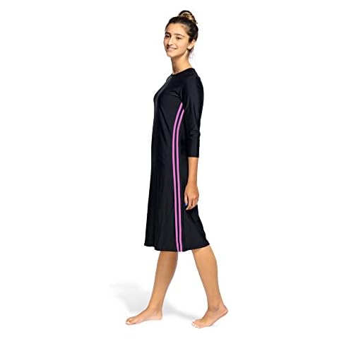 Woman Modest Tznius 3/4 Sleeve Swimdress, Beach Cover up UPF 50+ Sun Protection (as1, Alpha, x_l, Regular, Regular, 14. Reef in Black/Fuchsia) Cover