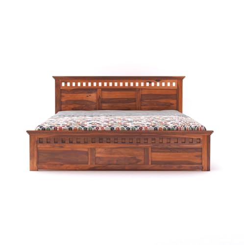 Image of Sheesham Wood Bed Without Storage Solid Wooden Cot Double Bed Furniture Elegant and Functional Bedroom Living Room Home Palang (Golden Brown with Natural Wood Grains, King)