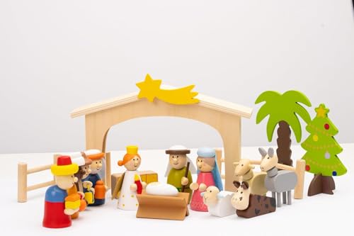 Weihnachtskrippe - Holz handbemalt - 18 Teile - mit Weihnachtsbaum – Krippenspiel für Kinder – farbenfrohe Deko & Geschenkidee - Stall mit Stern, Heilige Drei Könige, Maria & Josef, Ochs & Esel