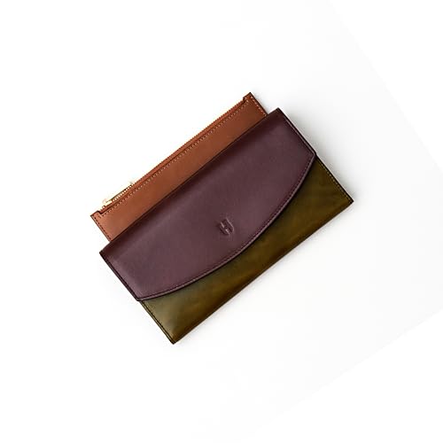 Handcrafted Full-Grain Leather Women’s Wallet, RFID Blocking, 12 Card Slots, 3 Compartments, Removable Zipper Coin Pouch, Gift Box & Pouch, Christmas & Birthday, Brown-Khaki