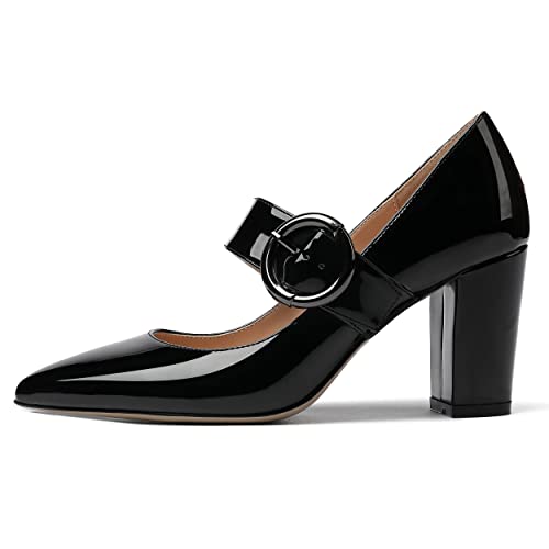 WAYDERNS Women's Pointed Toe Wedding Mary Jane Dress Adjustable Strap Circle Buckle Patent Solid Block High Heel Pumps Shoes 3.3 Inch2