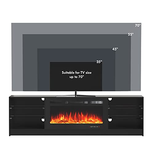MELLCOM 70" Fireplace TV Stand with 36" Electric Fireplace, Entertainment Center with Adjustable Glass Shelves, TV Console for TVs up to 70", TV Table for Living Room,Bedroom,Office, Black