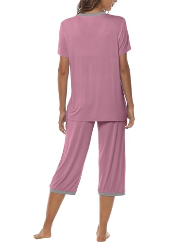Image of JINSHI Women's Pajamas Set Short Sleeve Top and Capri Pants Lightweight Sleepwear Comfy Pjs Lounge Set with Pockets