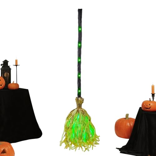 Escoba de – Escoba animada de Halloween con luz LED verde de 35 pulgadas con sonido | Suministros espeluznantes iluminados para decoración de puerta, porche, casa, exterior, , patio