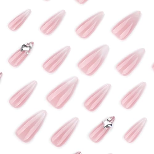 Image of 24 Pcs Press on Nails Pink White Ombre Fake Nails Rhinestone Nail Press ons Reusable Glossy Full Cover with Glitter Design Medium Almond False Nail for Women Manicure