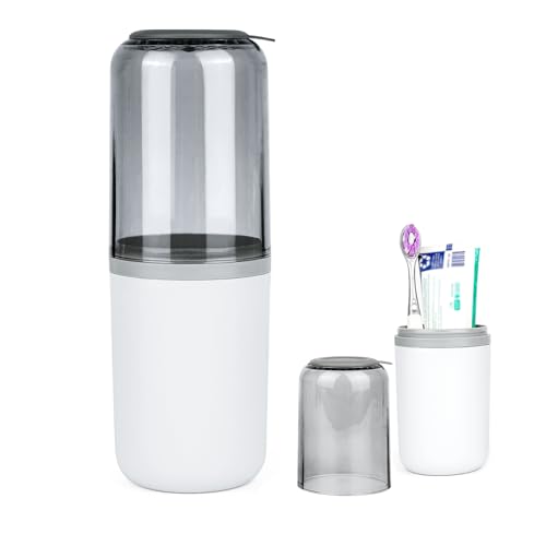 Image of DODAMOUR Travel Toothbrush Holder, 2-in-1 Case and Rinse Cup, Portable Toiletry Container with Drain Hole for Hygiene, for Travel Essentials, Camping, Gym (Gray)