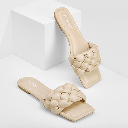Image of ATHMILE Braided Womens Sandals 2026 Square Open Toe Fashion Slide Sandals | Women Summer Flat Sandals,Soft Leather,Slip on Shoes,Dressy,Causal,Beach,Vocation,Size 6-11