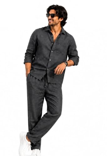 Image of Men's Premium Linen Co-Ord Set | Regular Fit Full Sleeve Solid Shirt with Drawstring Trouser | Breathable Linen Casual Outfit for Summer, Travel, Beach, Vacation & Daily