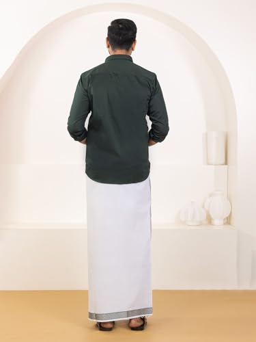 Image of RAMRAJ COTTON Men Premium Cotton Full Sleeves Shirt and Fancy Border Dhoti Set Luxe Set