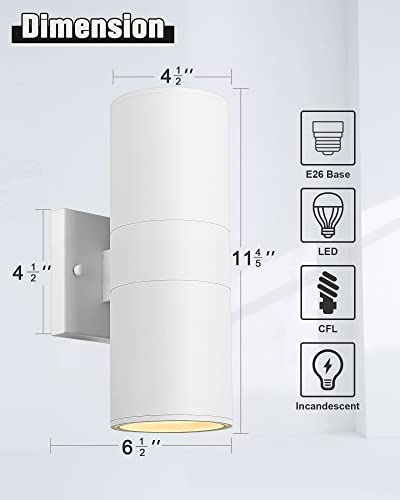 Image of Ken & Ricky Cylinder Outdoor Wall Sconce Lights,Up and Down, White, 2 Pack | Aluminum Waterproof Outdoor Wall light,No Glare,Exterior Lighting Fixtures,E26 Base,For Porch House Garage Front Door Patio