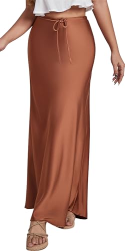 FEOYA Women’s Satin Silky Maxi Skirt High Waist A Line Elegant Flowy Mermaid Hem Drawstring Wedding Party Club Spring Skirt