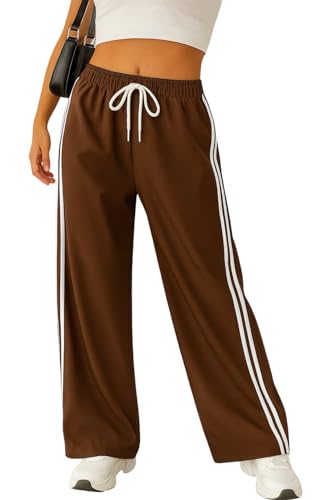 Image of SAKHWALA Women Track Pant | Women's Wide Leg Track Pants High Waist Drawstring Sweatpants with Side Stripes, Casual Loose Fit Lounge Joggers, Dark Grey