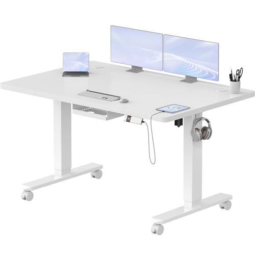 Airfish Elektrisch Höhenverstellbarer Schreibtisch 120x80cm mit Typ-C-Buchse, Elektrischer Schreibtisch Höhenverstellbar mit 18MM Tischplatte und Kabel Management Tray Steh-Sitz Tisch Stehpult Weiß