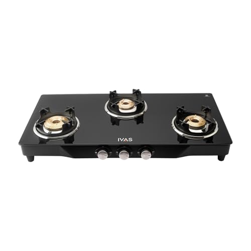 Image of IVAS Ultraflame 3 Burner Premium Glass Cooktop | ISI Certified | Diamond Cut Design |Thick Toughened Glass |Sturdy Pan Support | Safety, Reliability, High Efficiency | 5 years warranty on Glass
