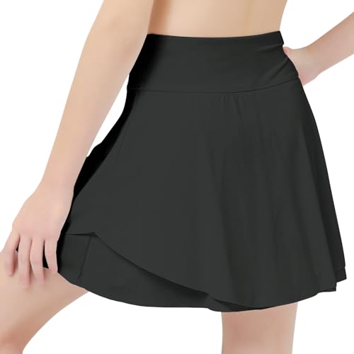 B&GCozy Girls Tennis Skirt, Double Ruffle Golf Running Yoga Workout Skorts with Pockets, Black 8-9 Years3