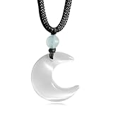 Unisex White Cat-Eye Quartz Stone Crescent Moon Pendant Necklace,Handmade Adjustable Hemp Rope Genuine Crystal Gemstone New Moon Necklace Jewelry Gift for Women Men (A02_White Cat-Eye)