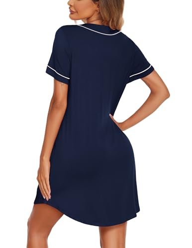Image of Ekouaer Womens Nightgown Button Down Sleep Shirts Short Sleeve Nightshirt V-Neck Sleepdress Soft Sleepwer