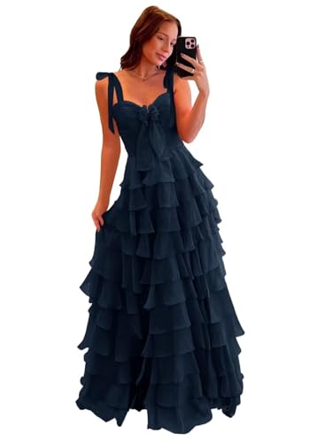 Women’s Chiffon Tiered Ruffles Prom Dresses 2025 Spaghetti Straps A-Line Long Formal Ball Gown with Slit
