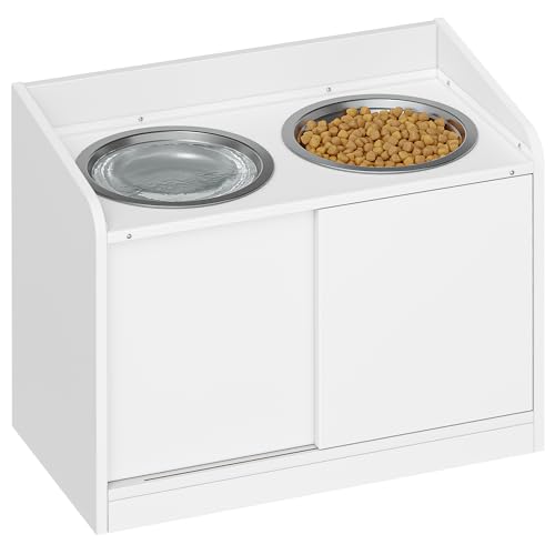 Hzuaneri Erhöhter Hundenapf mit Schiebetür-Aufbewahrung, 2 x 2 L Edelstahlnäpfe, 46 cm Hoch, Futterstation für Mittelgroße Bis Große Hunde, Mattweiß PB88003W
