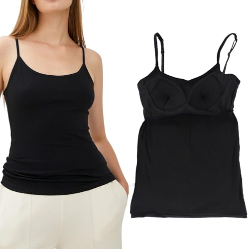 Vest Top With Built-in Bra - Breathable Tank Top for Women UK With Adjustable Shoulder Strap, Camisole With Shelf Bra (Black-L)