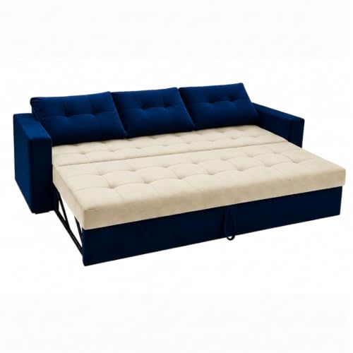 Image of FURNY Tressa 3 Seater Fabric Pull-Out Sofa Cum Bed Function (Dark Blue-Cream) | Luxury Velvet Suede Finish | Durable Comfort Sofa Bed for Modern Living Room & Office Spaces