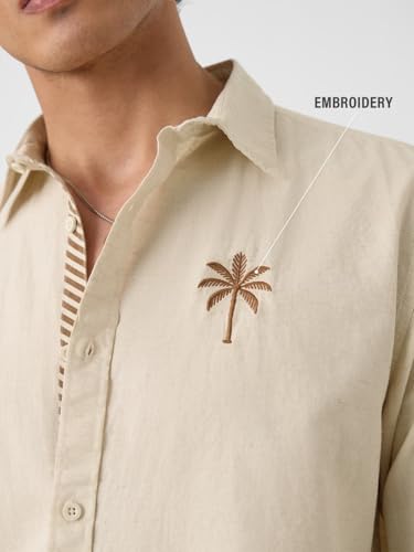 Image of The Souled Store Solid Linen: Beige Color Men and Boys Regular Outdoor Fit Full Sleeve Collared Neck Spread Collar Casual Wear Stylish Comfortable Premium Elegant Cotton Shirts