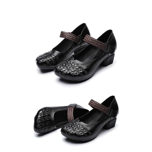 Women's Leather Printed Chunky Heel Mary Jane Shoes, Fashion Vintage Closed Wide Toe Adjustable Hook and Loop Low Block Heel Pumps, Comfortable Breathable Casual Backless Mom Pumps3