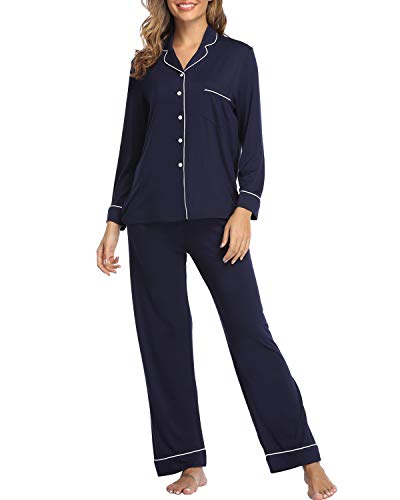 Womens Pajamas Set Long Sleeve Sleepwear Button Down Nightwear Soft Knit Pj Lounge Sets Navy Blue