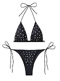 Verdusa Women's Rhinestone Two Piece Bikini Sets Halter String Triangle Bathing Suit Black Small